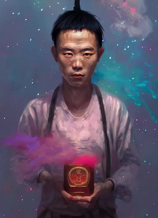 Prompt: colorful character portrait of a chinese prisoner at night lit by the stars, wispy smoke, highly detailed face, very intricate, symmetrical, cinematic lighting, award - winning, painted by mandy jurgens, peter doig, dystopian, bold colors, dark vibes, anime aesthetic, featured on artstation