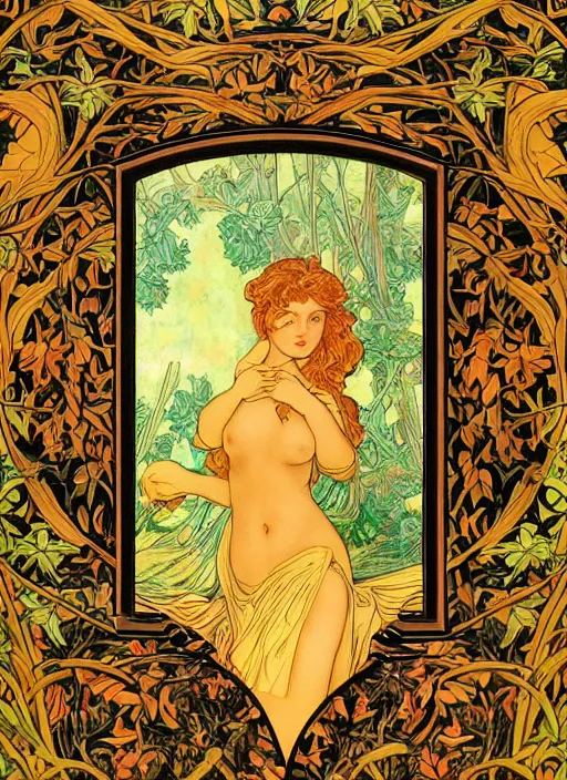 Prompt: masterpiece beautiful seductive flowing curves pinup pose preraphaelite portrait photography, extreme closeup face shot, straight bangs, thick set features, yellow ochre ornate medieval dress, amongst foliage mushroom forest arch, circle, william morris and kilian eng and mucha, framed, 4 k