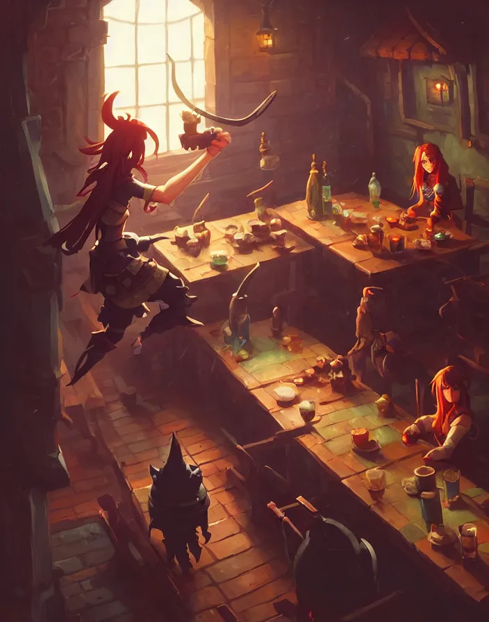 Image similar to super epically realized digital art depicting a rogue in a tavern, by stephen bliss, greg rutkowski, loish, rhads, makoto shinkai and lois van baarle, ilya kuvshinov, rossdraws.