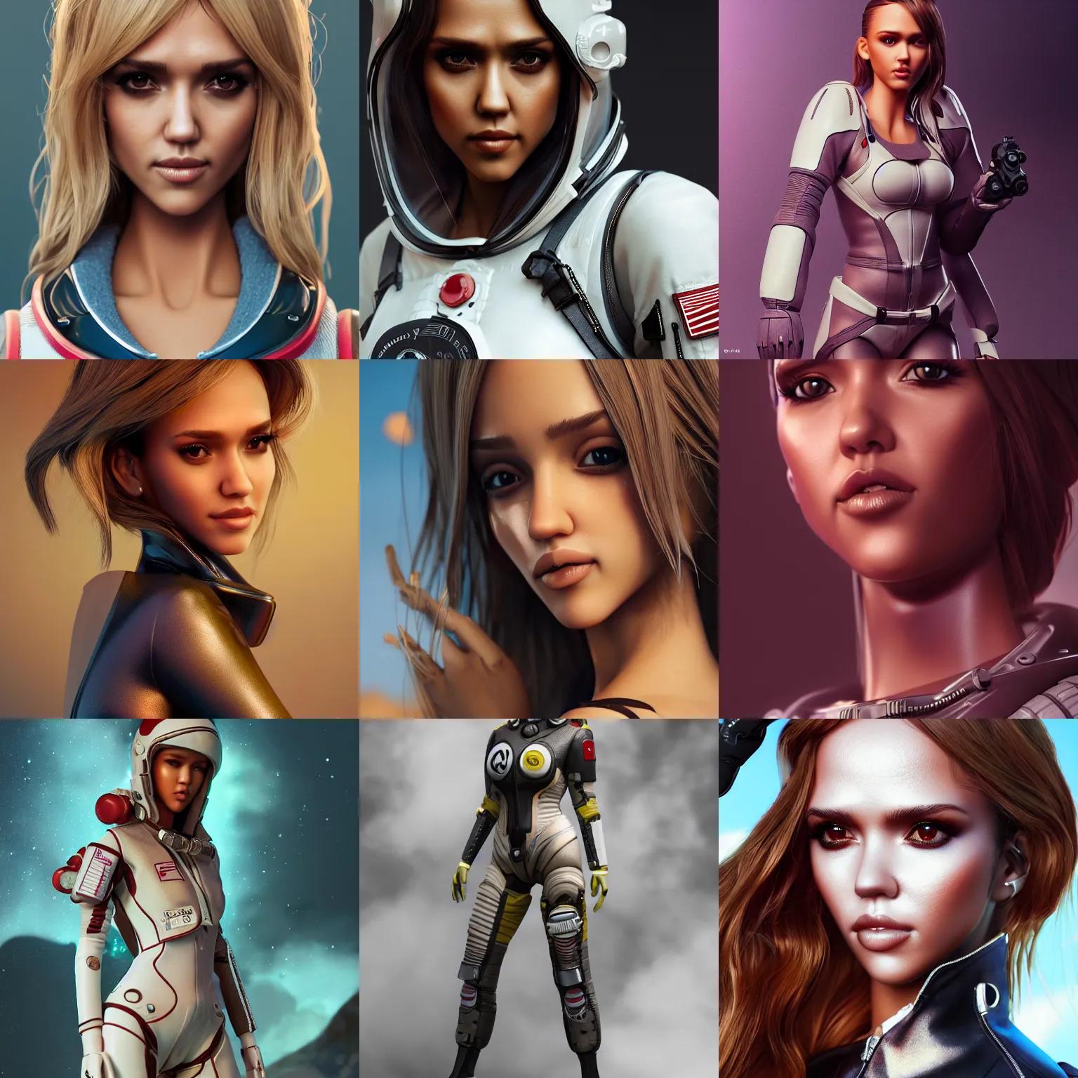 Prompt: jessica alba as msd bjd doll, spacesuit, artstation, artgerm, mucha, wlop, loish, octane render, smooth, sharp focus, decadent,