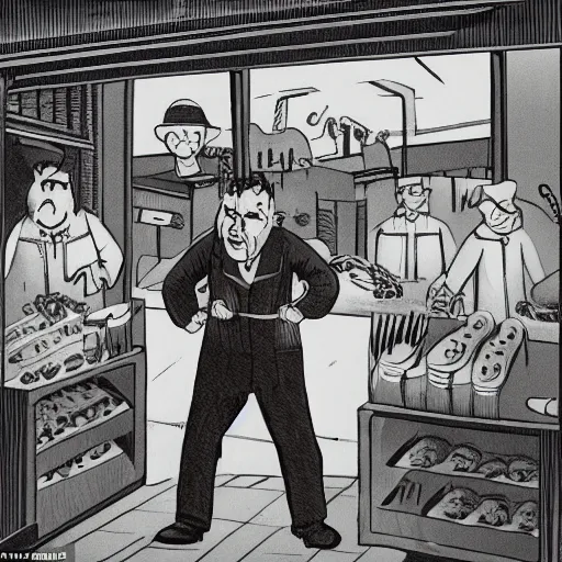 Prompt: big butcher man posing scarily and angrily, about to chase, earie setting, in a butcher shop, horror, hyperdetailed