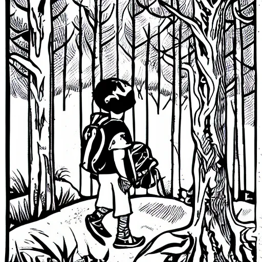 Image similar to mcbess illustration of a little boy with a backpack in a forest