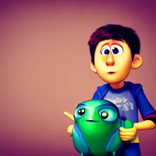 Image similar to the boy had journeyed a long way, and was very tired. disney and pixar mixed style, extreme details, dslr, photo, plain green background