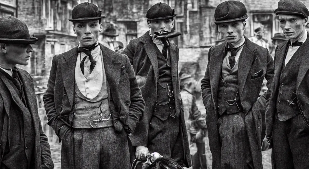 Prompt: a scene from peaky blinders, medium long shot, 3 / 4 shot, full body picture of cillian murphy and tom hardy, sharp eyes, serious expressions, detailed and symmetric faces, black and white, epic photo by talented photographer ansel adams,