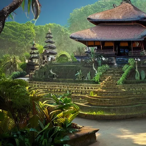 Image similar to A beautiful, perfect, impressive, amazing concept art digital CG painting of a place in Bali, trending on ArtStation, Unreal Engine