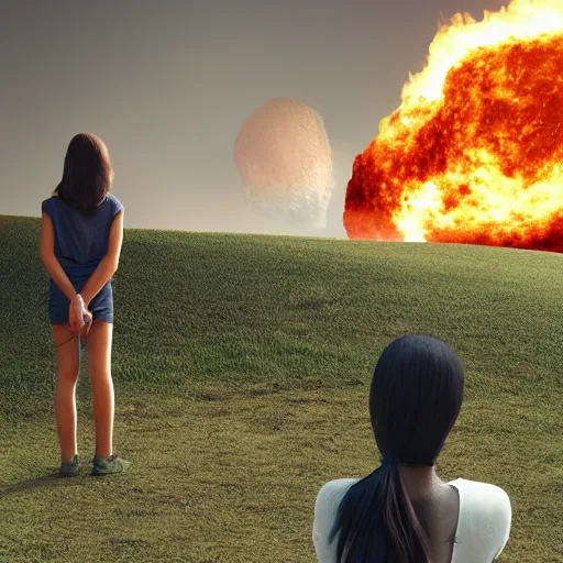 Image similar to a girl on a hill watching a flaming asteroid fall from space, very realistic digital art 3d render