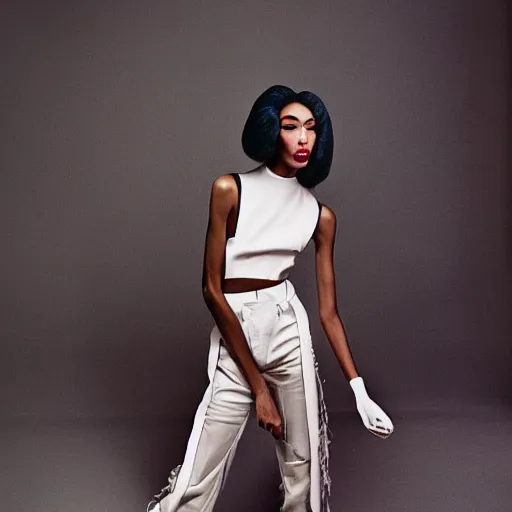 Image similar to realistic photoshooting for a new balenciaga lookbook, vhs colour photography, portrait of model Winnie Harlow woman, in style of Tyler Mitchell, 35mm,