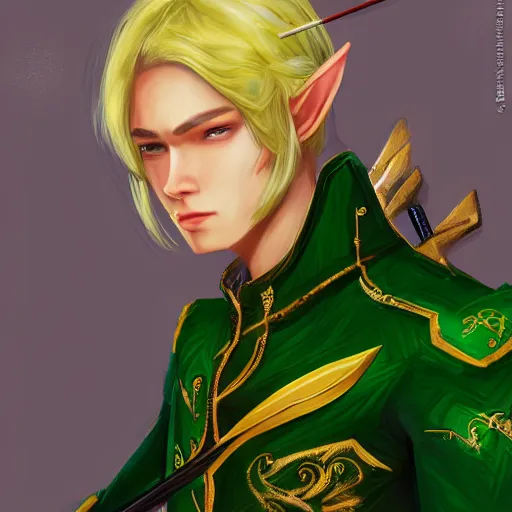 Image similar to Portrait of a handsome blonde elven ranger in green and gold jacket with a crossbow. In style of Hyung-tae Kim, concept art, trending on ArtStation, Korean MMORPG.