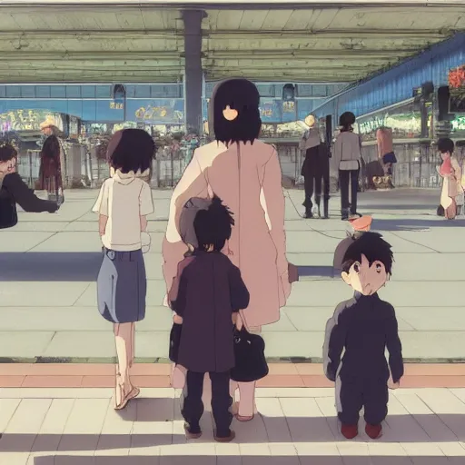 Image similar to A family saying goodbye to their children at a busy plane train station, by Dice Tsutsumi, Makoto Shinkai, Studio Ghibli