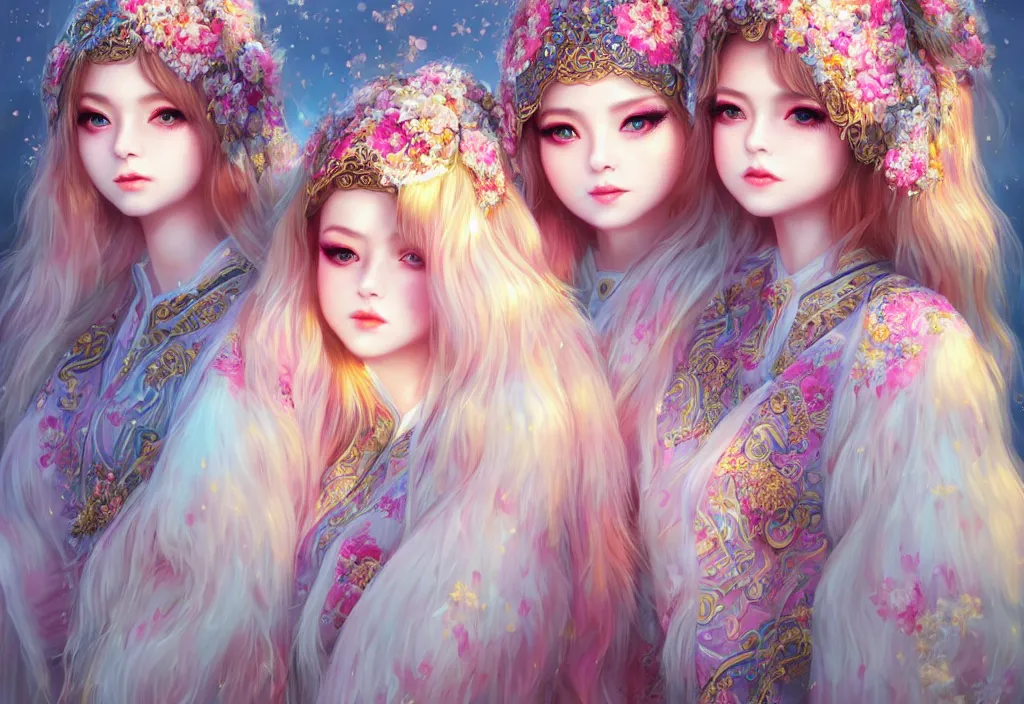 Image similar to two beautiful fashion siberian girls wear fantasy kimono in festival | | big eyes, sunny, dreamlike art, realistic shaded, smile, good looking, hyper details, 4 k realistic, cryengine, realistic shaded lighting poster by artgerm, ross tran, fuji choko, loish, 8 k resolution, trending on artstation, luxury