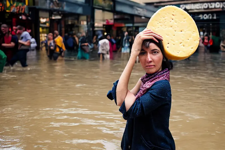 Prompt: closeup portrait of a woman carrying a wheel of cheese over her head in a flood in Rundle Mall in Adelaide in South Australia, photograph, natural light, sharp, detailed face, magazine, press, photo, Steve McCurry, David Lazar, Canon, Nikon, focus