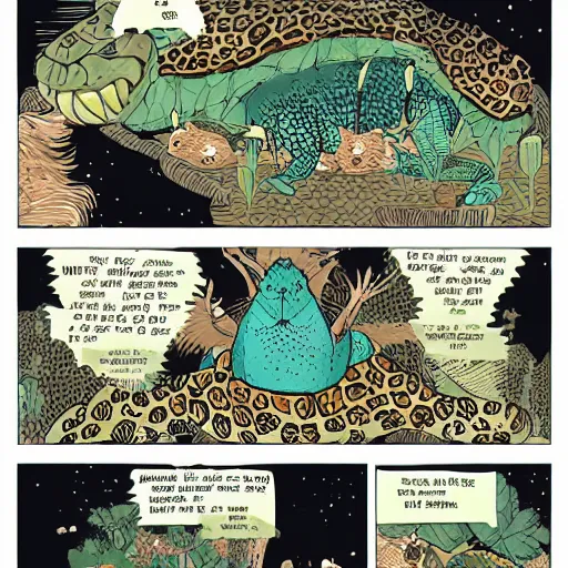 Image similar to the story of the leopard and the tortoise in the style of josan gonzalez