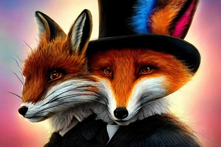 Prompt: the fox in the top hat whispered into the ear of the rabbit. photo - realistic hd, hyperrealism, colourful, highly detailed, cinematic, luminescence, 3 2 k, dop, high contrast, intricate, mystery, epic, fantasy