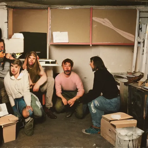 Image similar to A group of artists working in their cramped basement, 90s Film Photo, Flash Photography, 40mm lens, Award Winning, 8k Film Scan