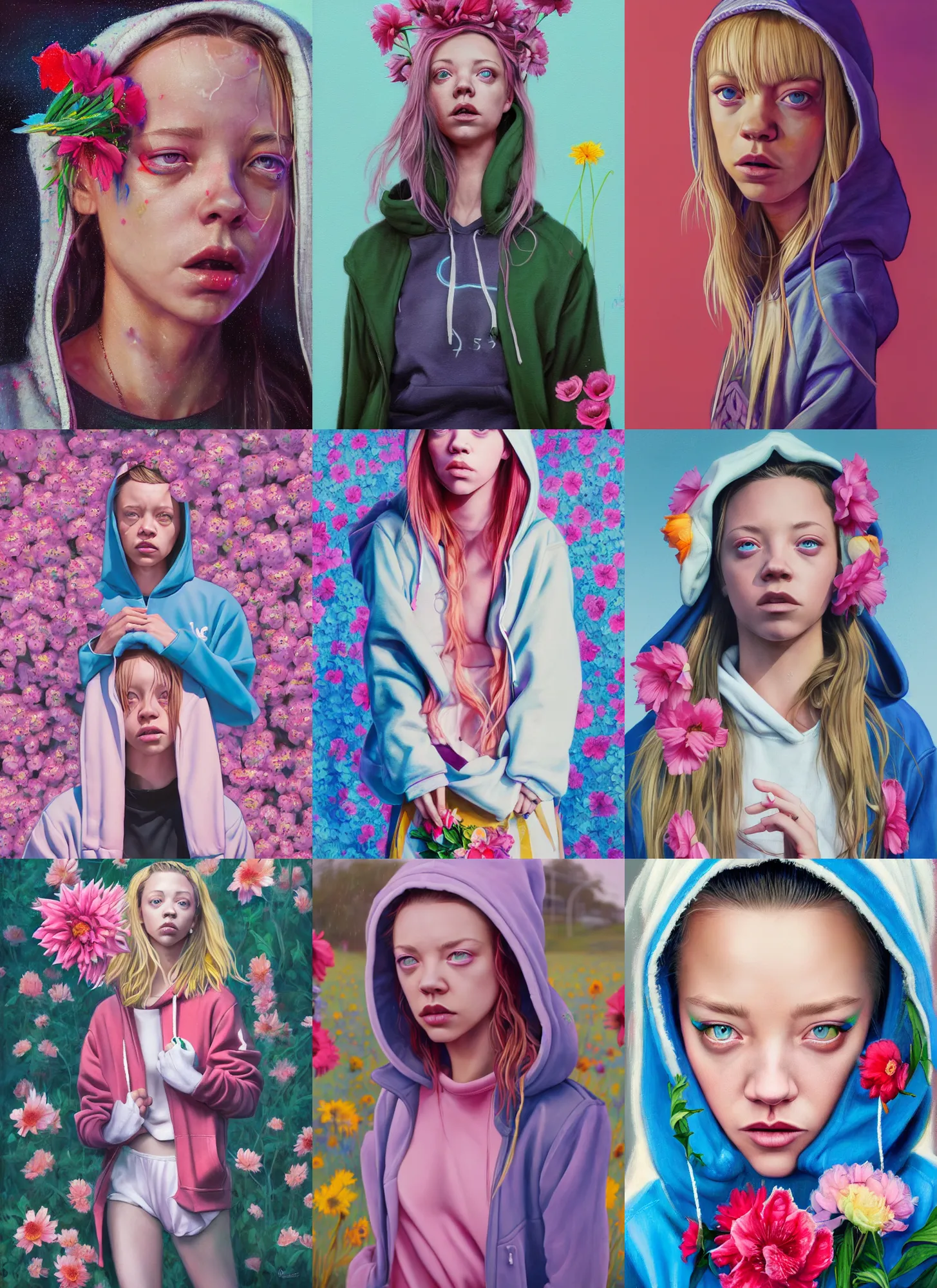 Prompt: still from music video of sydney sweeney from die antwoord standing in a township street, wearing a hoodie and flowers, street clothes, full figure portrait painting by martine johanna, ilya kuvshinov, rossdraws, pastel color palette, 2 4 mm lens