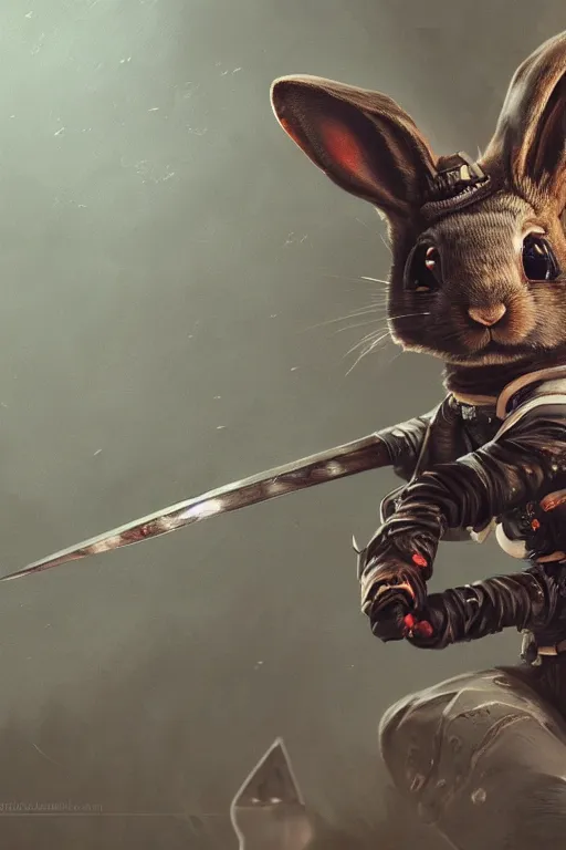 Prompt: ultra realist and ultra intricate detailed soft painting close up view of a cute rabbit ninja dual weld glowing katanas, symmetry features, sensual gloomy style, volumetric clouds, cyberpunk background, artstation, unreal render, depth of field