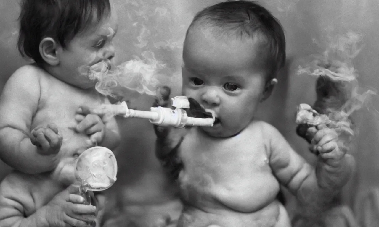 Prompt: a photo of a baby smoking a bong