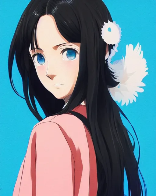 Image similar to portrait of Anime kaya scodelario, cute-fine-face, black-hair, blue eyes, pretty face, realistically shaded, Perfect face, fine details,realistic shaded lighting by Ilya Kuvshinov, katsuhiro otomo, ghost-in-the-shell, magali villeneuve, artgerm, rutkowski, WLOP, Jeremy Lipkin, Giuseppe Dangelico Pino, Michael Garmash, Rob Rey