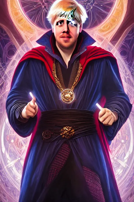 Image similar to Boris Johnson as Doctor Strange, realistic portrait, symmetrical, highly detailed, digital painting, artstation, concept art, smooth, sharp focus, illustration, cinematic lighting, art by artgerm and greg rutkowski and alphonse mucha