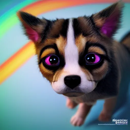 Image similar to photorealistic puppies, kittens, and rainbows. hyperdetailed photorealism, 1 0 8 megapixels, amazing depth, high resolution, 3 d shading, 3 d finalrender, 3 d cinematic lighting, glowing rich colors, artstation concept art.