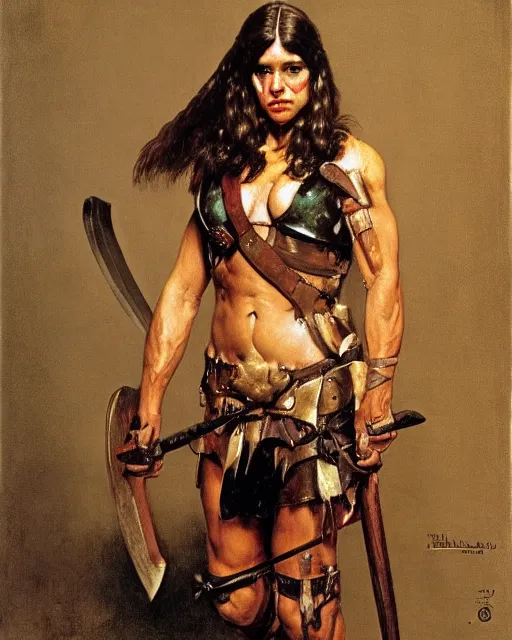 Image similar to portrait of a beautiful savage muscular barbarian female with light leather armor, by norman rockwell