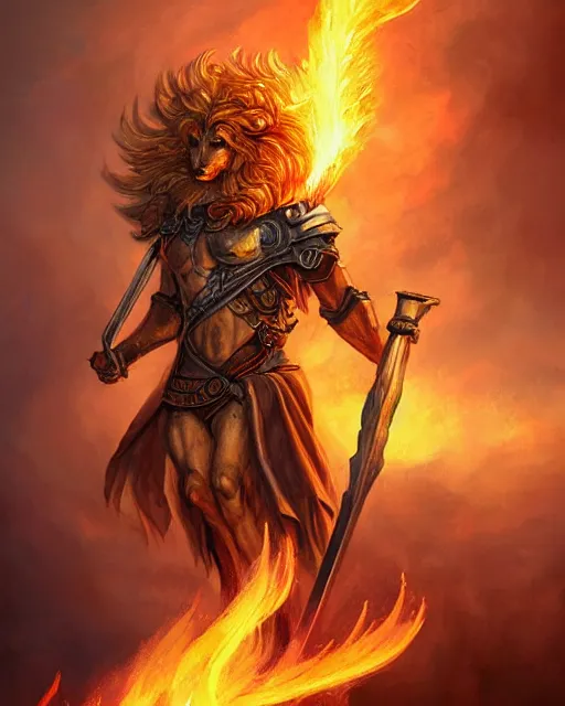 Prompt: character portrait of a leonine brawny male warrior lion angel of justice, with fiery golden wings of flame, wearing shining armor, wielding a flaming sword and holding a large fiery shield, by peter mohrbacher, mark brooks, jim burns, wadim kashin, greg rutkowski, larry elmore, trending on artstation