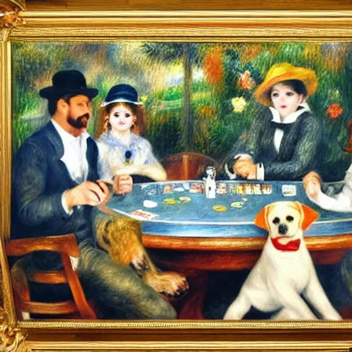 Prompt: a dream - like oil painting by renoir of dogs playing poker