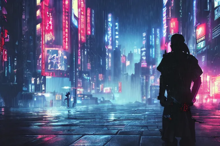 Prompt: Samurai with a sword stands infront of cyberpunk city, in theme of bladerunner movie, year 2077 raining, neon lights, night, realism. Beautiful lighting, highly detailed digital art, trending on artstation.