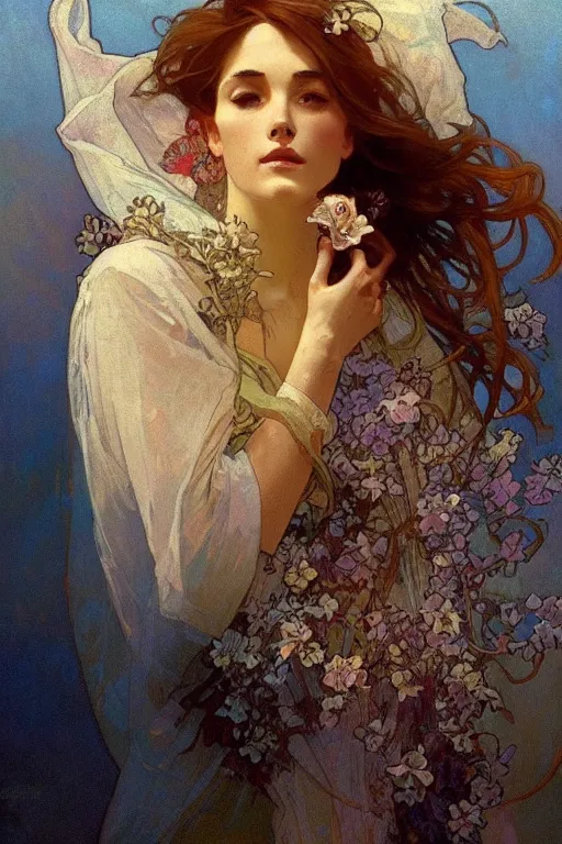 Prompt: close - up fashion woman portrait airy flowers clouds illustration art by alphonse mucha greg rutkowski craig mullins