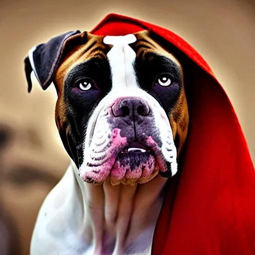 Prompt: portrait of american bulldog as afghan girl, green eyes and red scarf looking intently, photograph by steve mccurry