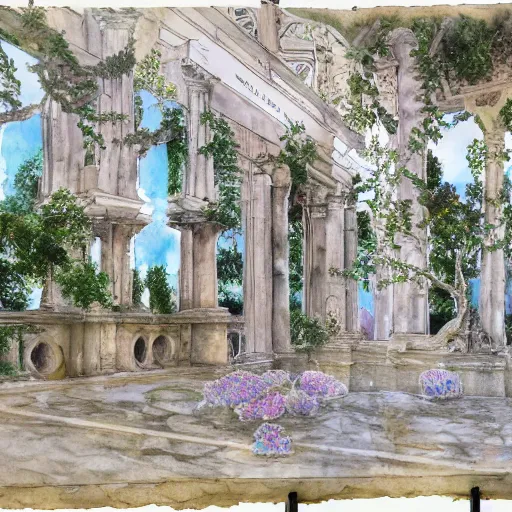 Prompt: delicate marble garden, watercolors on paper, stony, puffy, botanical herbarium, botanic, iridescent, 8 k wide angle, realistic shaded, fine details, artstation, italian, colonnade, oak tree, pinecone, pomegranade, hydrangea, vines, gardena architecture, pompeii