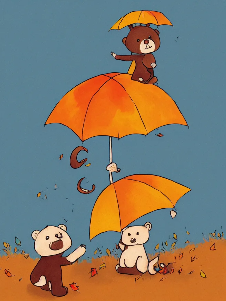 Prompt: autumn a bear with an umbrella cartoon trending on artstation