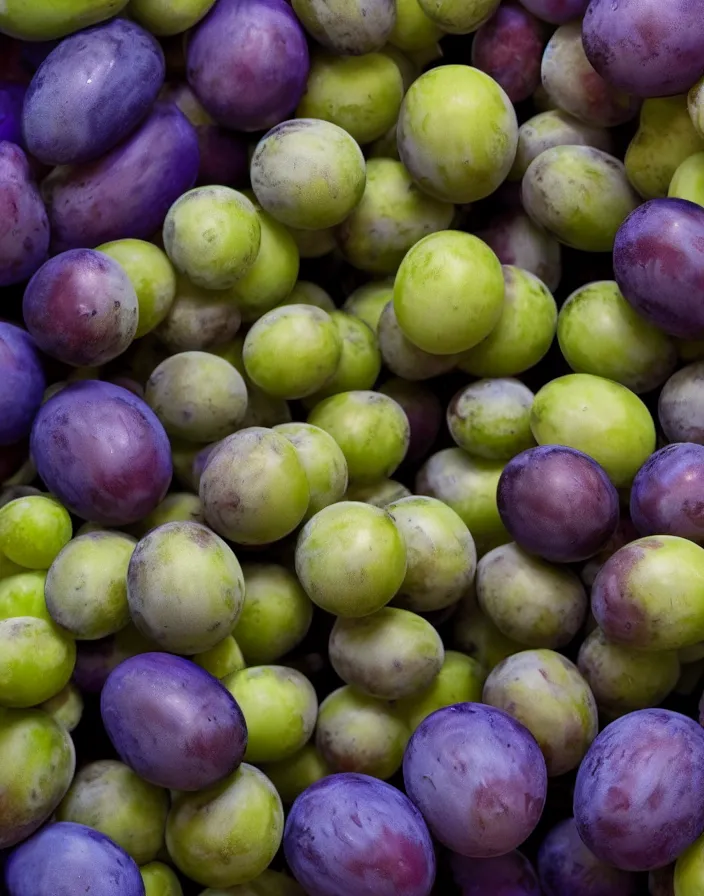 Prompt: Thanos's head next to a bunch of grapes, hyper realism, high detail, octane render, 8k, depth of field