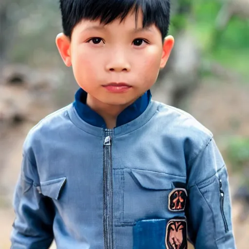 Prompt: cinematic still light skin vietnamese 6 year old boy in star wars, slight underbite, heart shaped face, round cheeks, crew cut hair