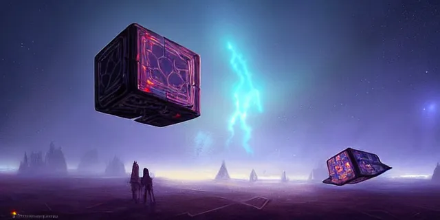 Image similar to a fleet of giant glowing futuristic cubes tied to each other with chains in the sky, a fantasy magical landscape seen in the distance, atmospheric lighting, intricate, volumetric lighting, beautiful, sharp focus, ultra detailed, in the art style of marc simonetti, bowater charlie and brom gerald, astrophotography