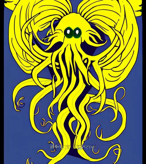 Prompt: cthulhu winged, yellow background, disney movie poster style, animation