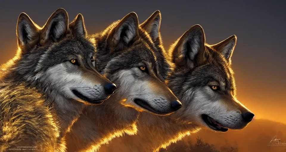 Image similar to wolves and their treasures - golden sculptures of wolves in the mountains - dramatic lighting, highly detailed render, trending on artstation