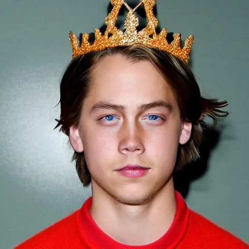 Prompt: A realistic photograph of Cole Sprouse wearing a crown that is made of felt