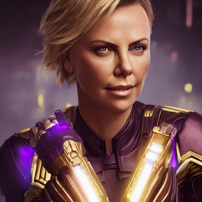 Image similar to portrait of ((Charlize Theron)), wearing The Infinity GAUNTLET. thanos, infinity gauntlet. intricate artwork. octane render, trending on artstation, very coherent symmetrical artwork. avengers. thanos. cinematic, hyper realism, high detail, octane render, 8k, iridescent accents