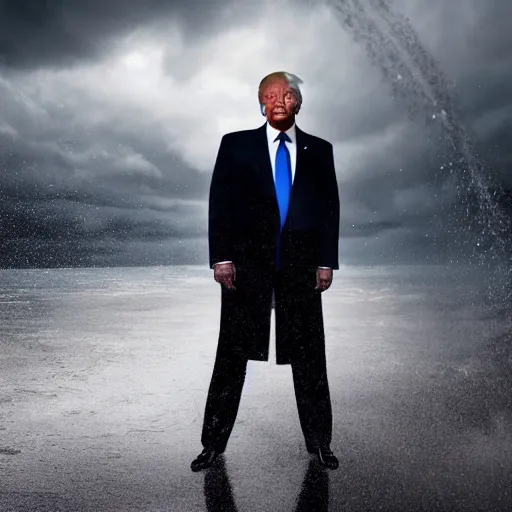 Image similar to 4 k hdr full body wide angle sony portrait of donald trump in a showering rainstorm with moody stormy overcast lighting