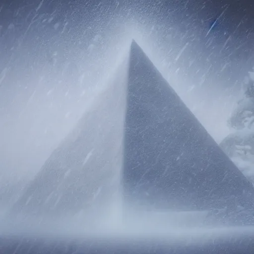 Image similar to cinematic shot epic portrait an snow pyramid in middle of an snowy forest, cloudy, foggy, blizzardy, broad light, ambient occlusion, volumetric light effect, made by ivan aivazovsky, peter mohrbacher, greg rutkowski, matte painting, trending on artstation, 4 k, perfectly defined features, digital painting, cinematic, epic, highly detailed,