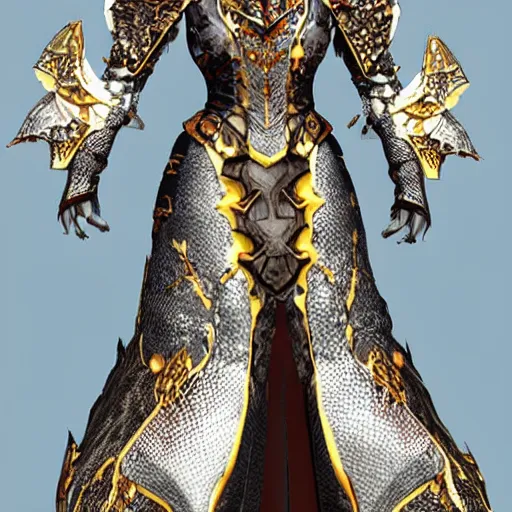 Prompt: concept art of a dragon scale armor dress. bright metallics, ornate detail. in the style of crystal dynamics