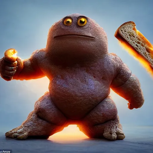 Image similar to battle toast, a slice of toasted bread with a face, arms and legs, holding a sword, cute, pixar, volumetric lighting, dynamic composition, fantasy, hyper detailed, ultra realistic, sharp focus, octane render, concept art by ruan jia and heng z and artem