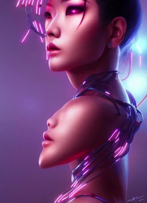 Image similar to portrait of female asian humanoid, intricate, elegant, cyber neon lights, highly detailed, digital photography, artstation, glamor pose, concept art, smooth, sharp focus, art by artgerm and greg rutkowski