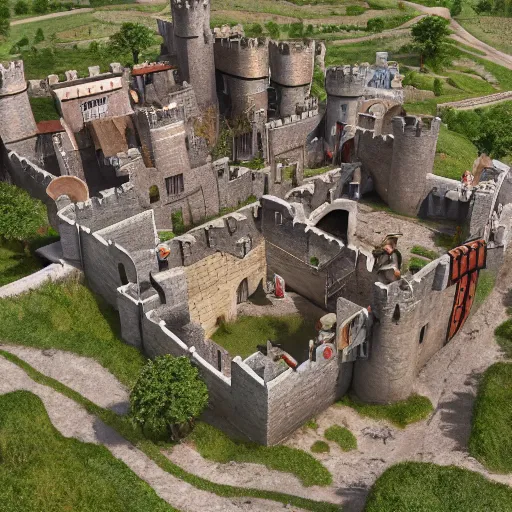 Image similar to small medieval town inside of large castle fortress, isometric, ambient occlusion, global illumination, vray, by tyler edlin and rhads, cgsociety, artstation