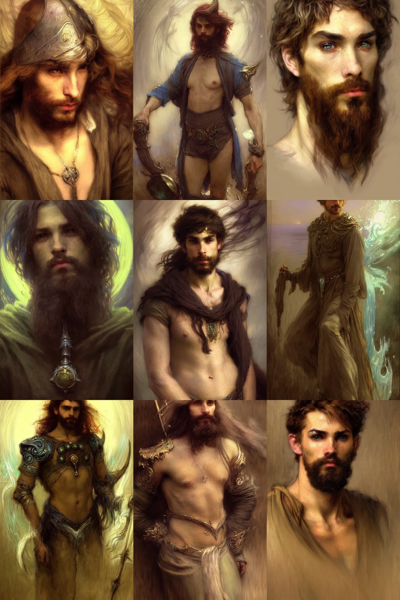 Prompt: realistic portrait beautiful concept art of a male wizard of the water elment league of legend character, created by gaston bussiere and john everett millais, jules bastien lepage, john william waterhouse, jean leon gerome, high detailed, smooth draw, synthwave neon retro, intricate, soft light, soft mood, trending on artstation