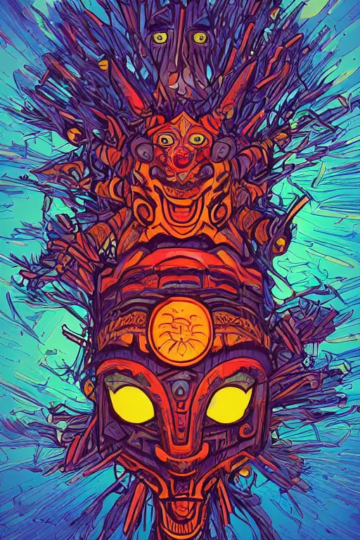 Image similar to totem animal tribal chaman vodoo mask feather gemstone plant wood rock video game illustration vivid color borderlands by josan gonzales and dan mumford radiating a glowing aura