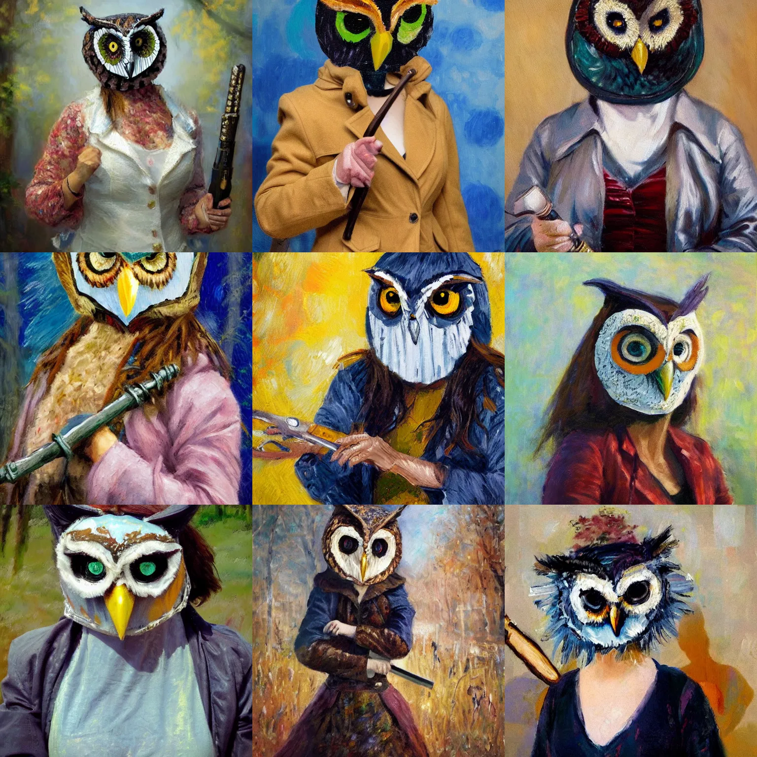 Prompt: an hd impressionist portrait painting of a woman in an owl mask. she is wearing a jacket, and is brandishing a weapon menacingly.