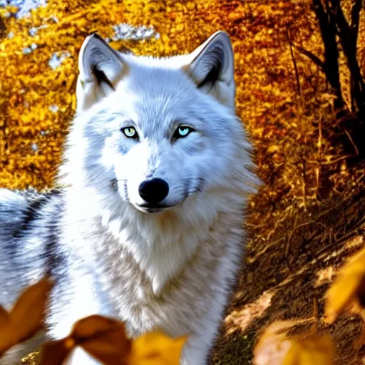 Image similar to white wolf with blue eyes stands in a dormant autumn forest, no yellow color in eyes, no yellow color, realistic