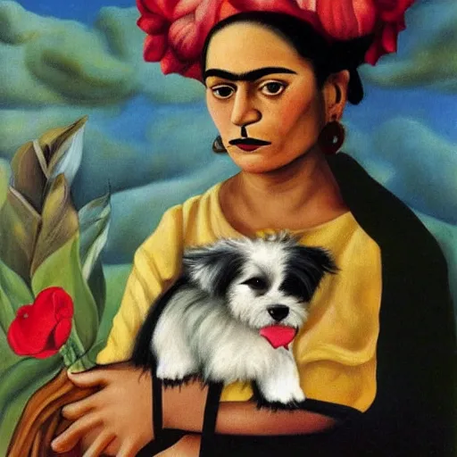 Image similar to cream colored havanese dog with frida kayla painting by frida kahlo 1 9 3 5